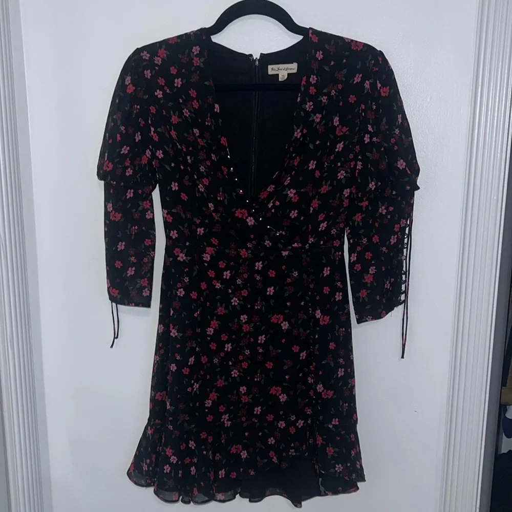 For love and lemons black mini dress with pink and red flowers size XS - Picture 2 of 5
